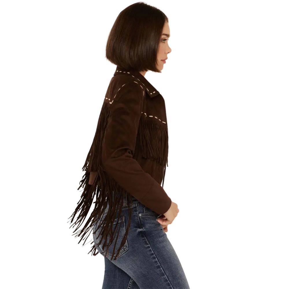Women’s Suede Leather Contrast Stitch Fringe Jacket
