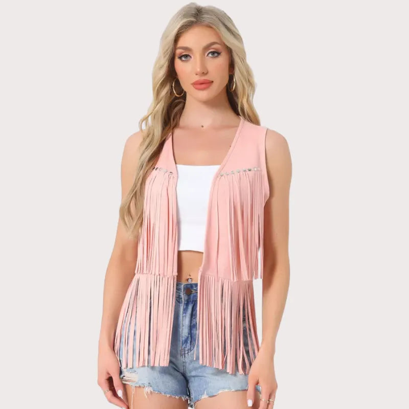 Women’s 70s Western Open Front Faux Suede Fringe Vest