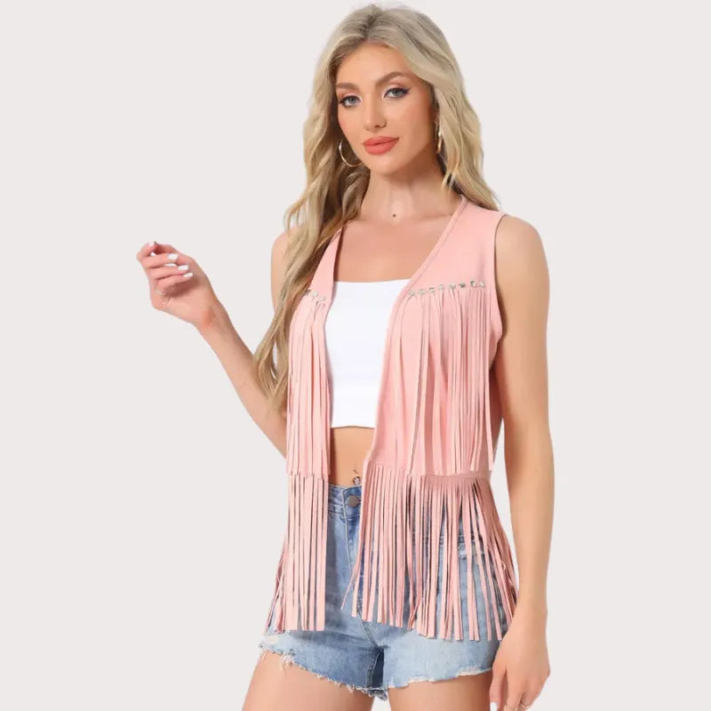 Women’s 70s Western Open Front Faux Suede Fringe Vest