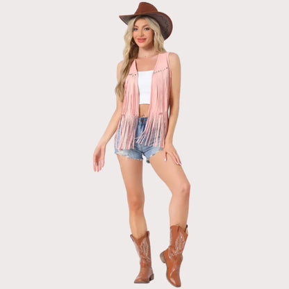 Women’s 70s Western Open Front Faux Suede Fringe Vest