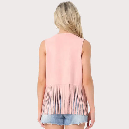 Women’s 70s Western Open Front Faux Suede Fringe Vest