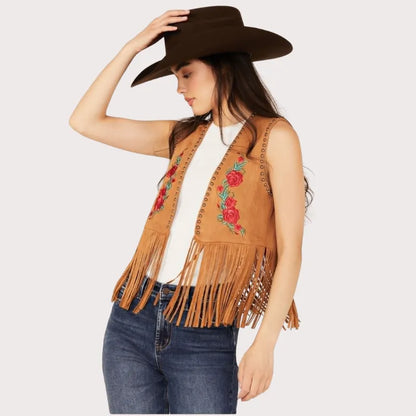 Women’s Embroidered Rose Faux Suede Fringe Vest