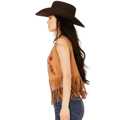 Women’s Embroidered Rose Faux Suede Fringe Vest