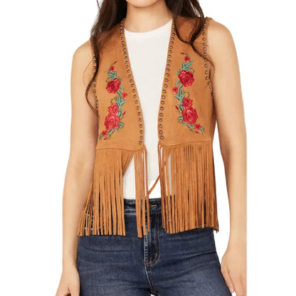 Women’s Embroidered Rose Faux Suede Fringe Vest
