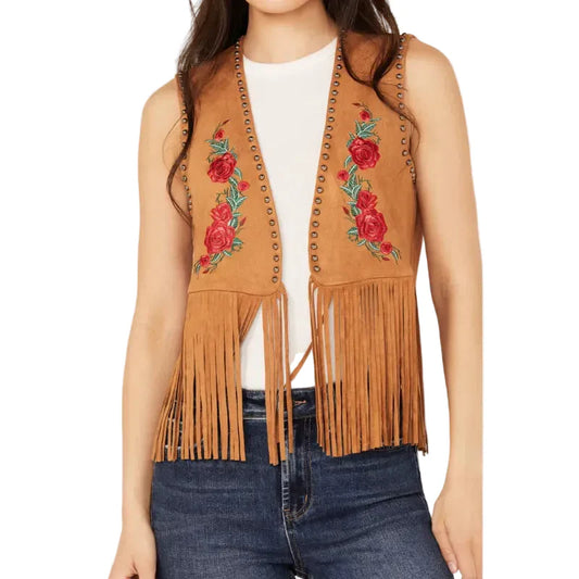 Women’s Embroidered Rose Faux Suede Fringe Vest