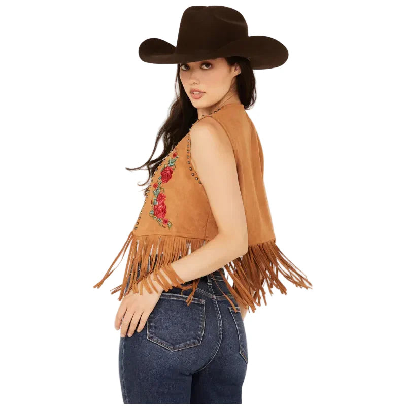 Women’s Embroidered Rose Faux Suede Fringe Vest