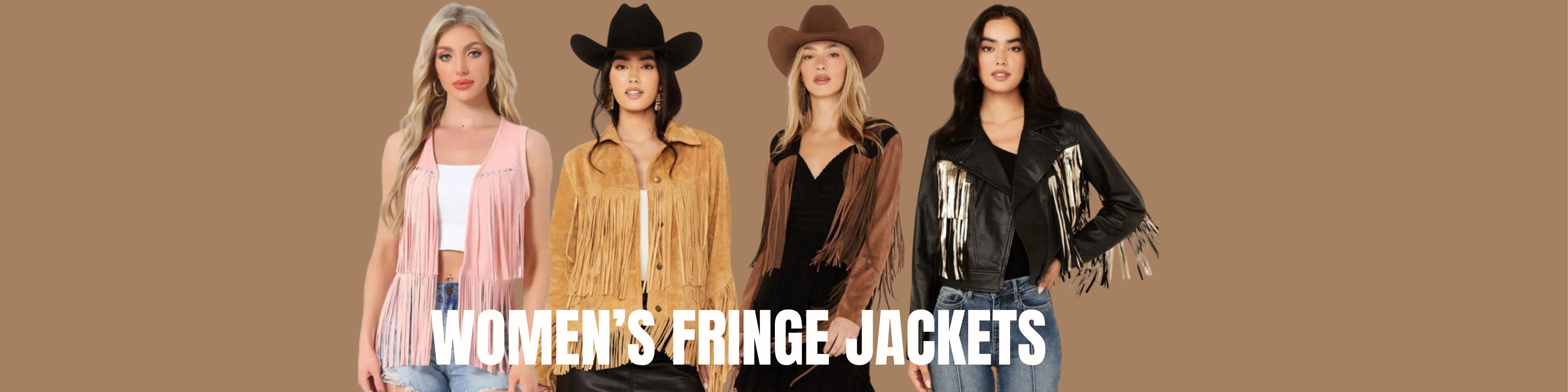 Four women wearing fringe jackets with a brown background and text 'Women's Fringe Jackets' - Westo Leather