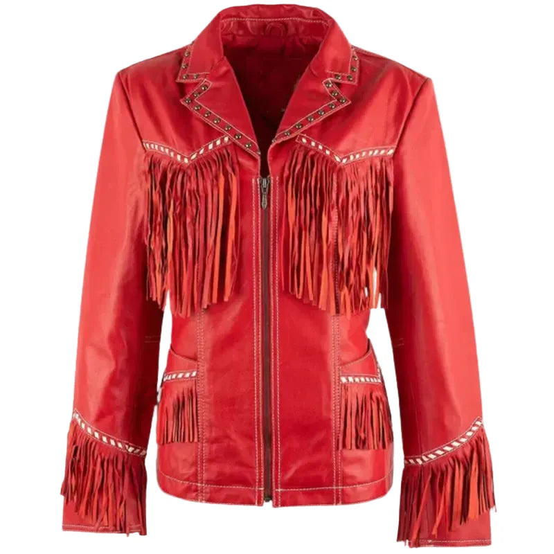 Womens Fringe Red Leather Jacket with Studs