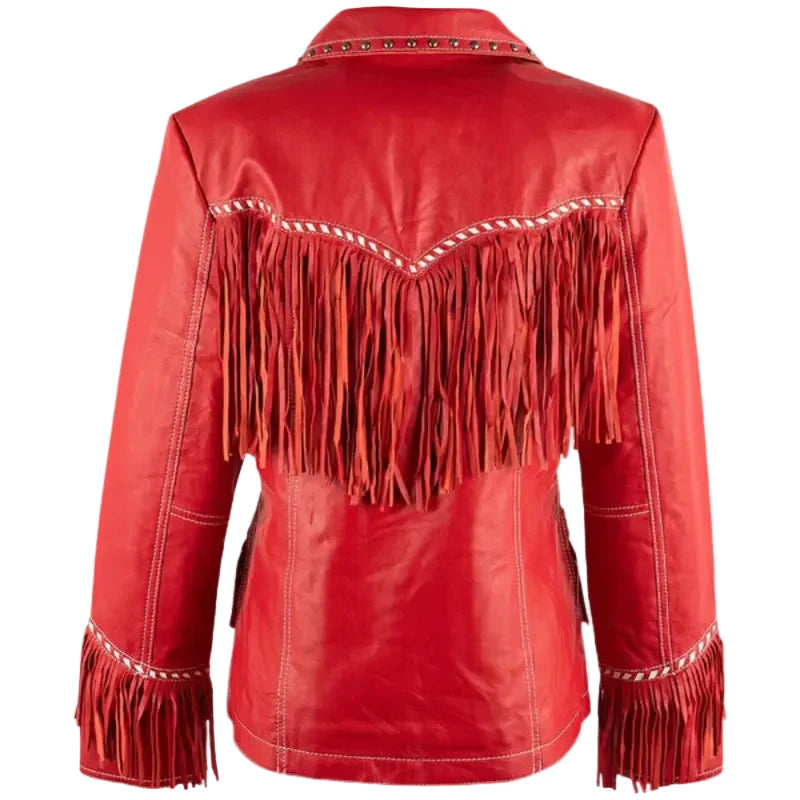 Womens Fringe Red Leather Jacket with Studs