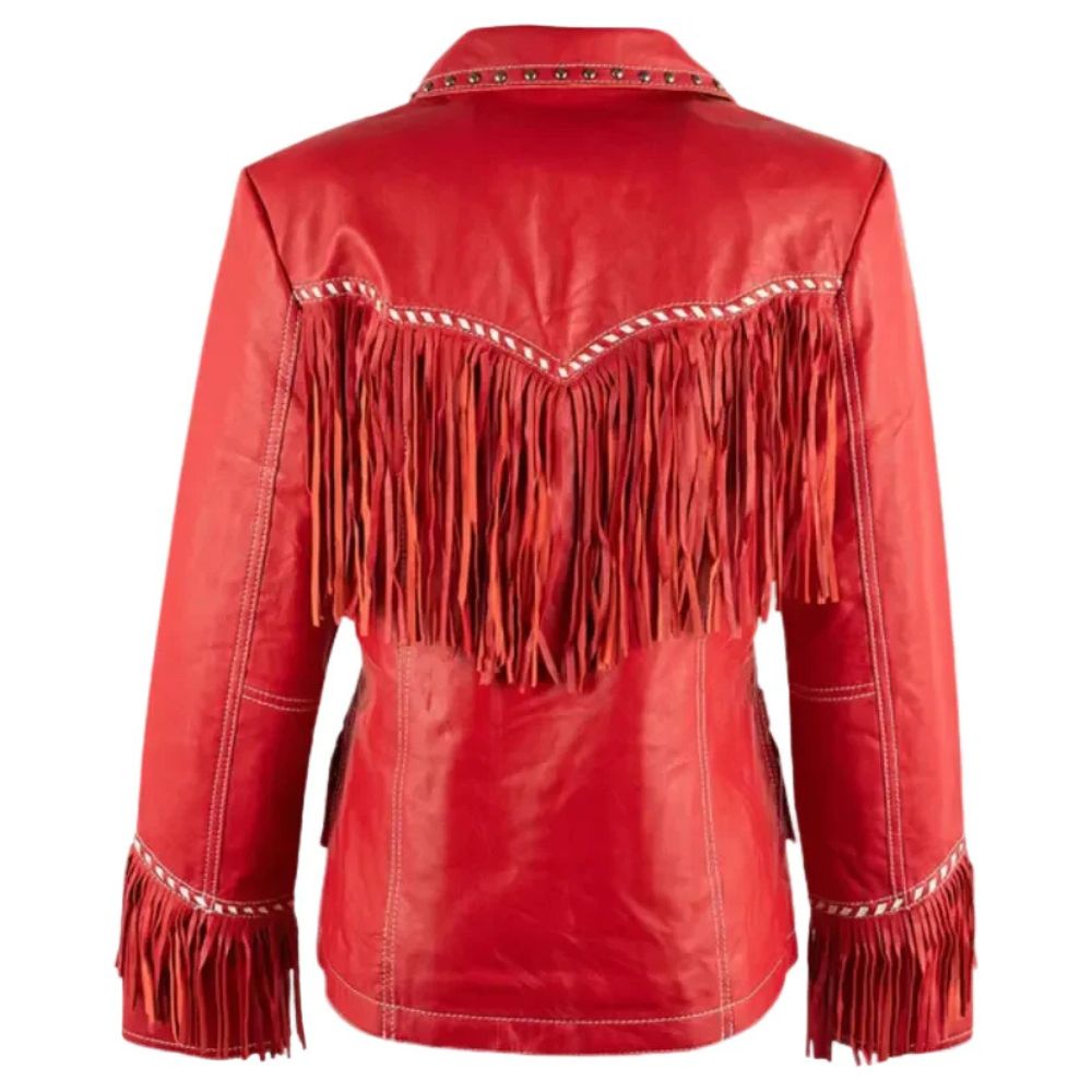 Womens Fringe Red Leather Jacket with Studs