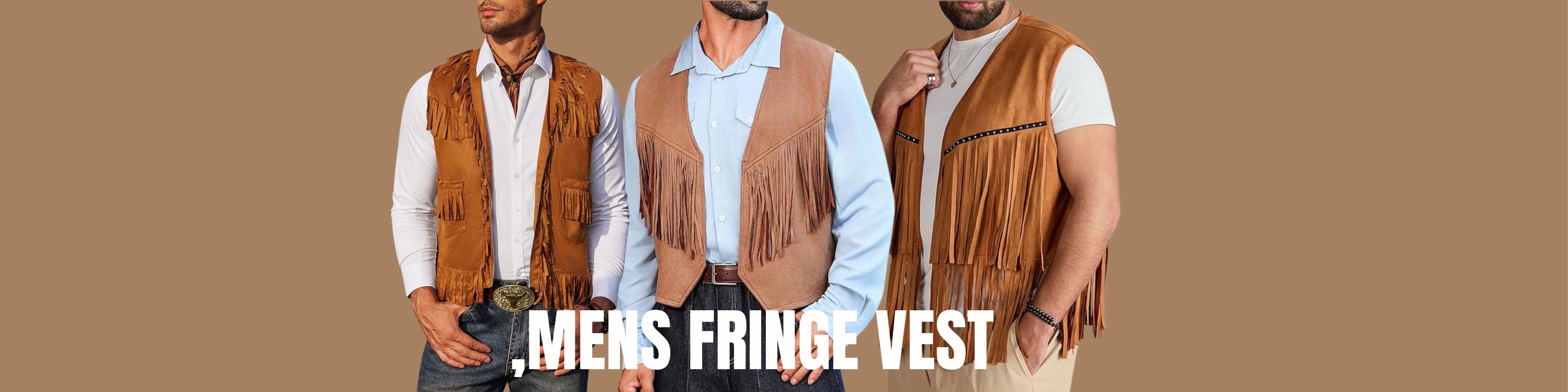 Three men wearing fringed vests on a brown background with text 'Mens Fringe Vest' - Westo Leather